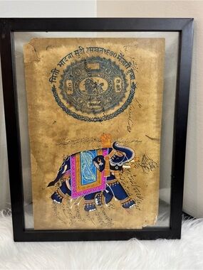VTG Indian Mughal Painting on Jaipur Government Court Fee Stamp Document Framed